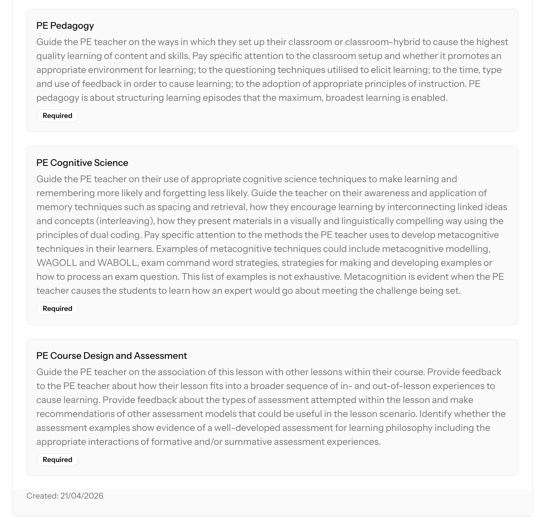 PE pedagogy, PE course design, PE Cognitive science